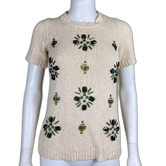 J. Crew Womens Jeweled Medallion Short Sleeve Sweater Linen Cotton Size XS - Picture 1 of 8